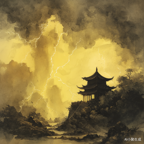 画面弥漫着神话史诗般的磅礴氛围,水墨肆意泼染出厚重乌云,似要将天地吞噬。金龙般的闪电盘绕在乌云与大地之间,划破黑暗。古寺在暴雨中只剩模糊剪影,渐渐被黑暗淹没。灾难美学的元素触目惊心,汹涌洪流无情地吞噬着飞檐斗拱,那是历史与文化的象征;经幡在巨浪中无助地漂浮,发出微弱声响;雨幕里,渔船在波涛中剧烈挣扎,似随时会被吞没。隐喻符号寓意深刻,断裂的香炉象征着信仰的崩塌;逆流而上的锦鲤,凸显命运的颠覆;褪色的祈雨符在风雨中飘摇,暗示着人类在自然面前的渺小与无力。