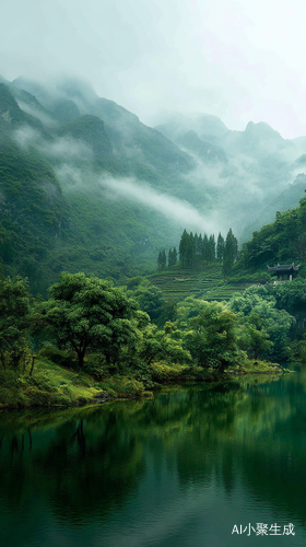 青山绿水，云雾缭绕，静谧湖畔映霞光