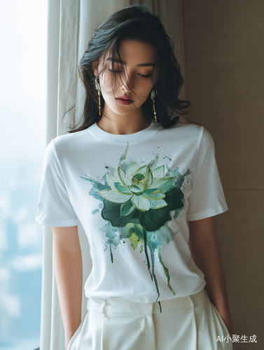 白T恤衫精致漂亮刺绣晕染荷花,清爽绿色绣。超高清晰度!