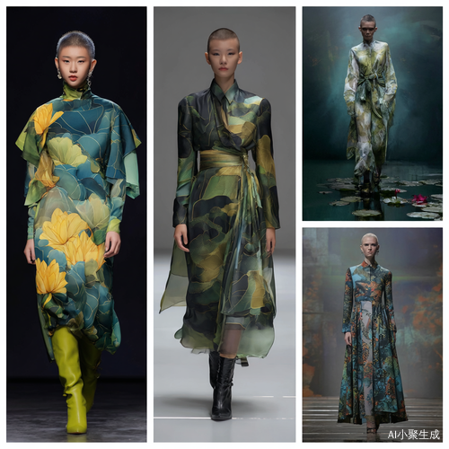 Ai五套关于荷花荷叶素材形状的服装，要求现代感潮流时尚夸张鲜艳色彩不可以老气平面