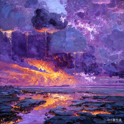 《苍穹熔炉》以爆裂式的视觉狂想重构黄昏：铬黄与电光紫的色域在画布上如同宇宙级调色盘炸裂，云层被解构为沸腾的钢水与液态蓝宝石的角力场——数万吨熔化的赤金从撕裂的天幕裂缝中倾泻，化作贯穿画面的光瀑，每道锋芒都带着灼烧视网膜的炽白高光；近景云团翻涌着钢水泼溅的凝固瞬间，硫磺色雾霭中悬浮着千万片棱镜，折射出光谱分裂形成的霓虹闪电，而中景的暗物质云旋涡里，破碎的琉璃态星云正被黑洞虹吸，拉伸出钻石粉尘构成的螺旋光带；地面熔岩湖倒映的不仅是天空，更是被扭曲的平行时空，汞银色浪涛中矗立着晶体化的远古神殿遗迹，其棱角刺破水面时激发的虹圈，与俯冲的凤凰群翼展爆开的等离子光羽，在画面上空碰撞出可见的声波涟漪——这场色彩核爆最终在画框边缘化作燃烧的颜料灰烬，残留的笔触肌理仍持续释放着超新星余晖的触觉震颤。