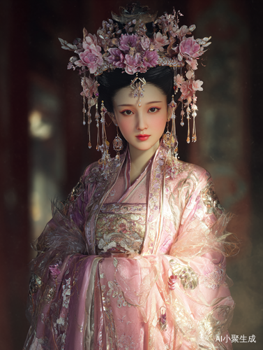 一位美丽年轻的中国皇后站在古老的宫殿背景前，身着传统中国皇家服饰，头戴精致镶嵌花朵与宝石的头饰，面容娇俏，眼睛大而有神，嘴唇红润，发型优雅，服饰上有着精细的刺绣，整体散发着柔和光芒。美丽的、年轻的、传统的、精致的、娇俏的、大而有神的、红润的、优雅的、精细的、柔和的、充满幻想的。葛饰北斋。动漫风格。高分辨率细节呈现、色彩鲜艳明亮、细腻的人物描绘、逼真的服饰纹理、梦幻的光影效果。全景镜头展现皇后在古老宫殿中的优雅姿态，光线柔和地洒在她身上，突出她的美丽与气质，展现幻想氛围。