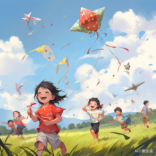 六一儿童节快乐小朋友们在草地上放风筝的美好时光