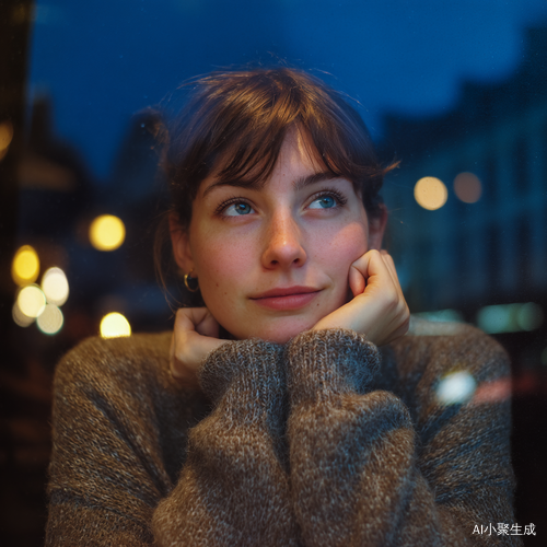 Thoughtful Young Woman at Parisian Cafe During Blue Hour
