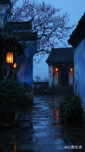 江南傍晚细雨中老宅的宁静与闲适人生