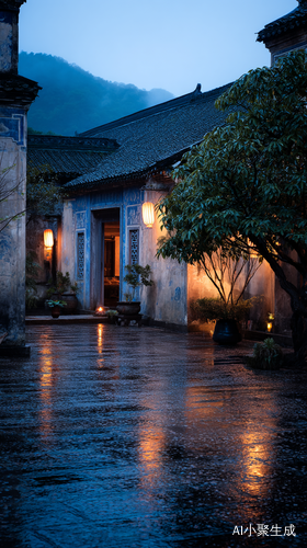 江南傍晚细雨中老宅的宁静与闲适人生