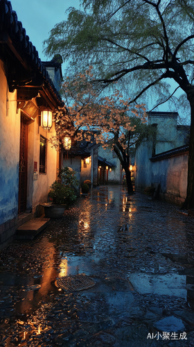 江南傍晚细雨中老宅的宁静与闲适人生