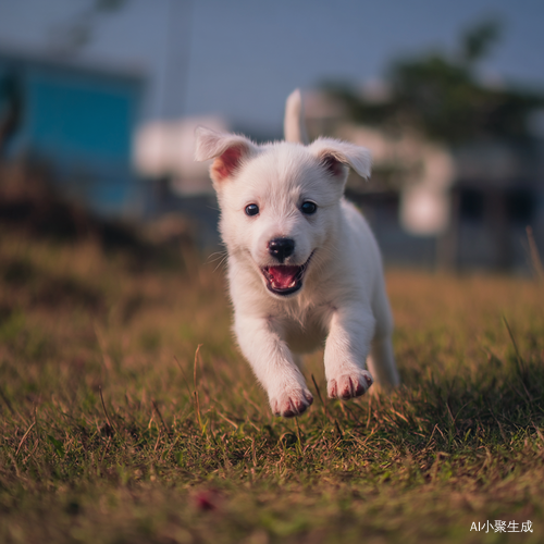 白色小狗在草地上快乐奔跑
