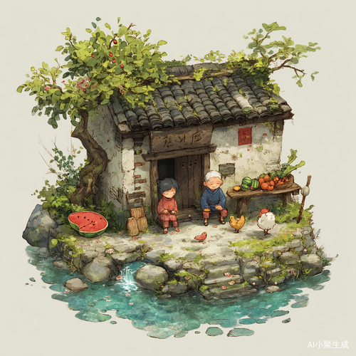 中国传统田园风格。一个农村的泥墙瓦屋。门口有一个清澈的小溪。一个中国老爷爷和老奶奶坐在门口的凳子上。旁边有个小桌子。有蔬菜和西瓜等水果。-个牧羊犬在旁边。一个老母鸡带几个小鸡,有棵樱花树,一个小女孩摸龙虾。
