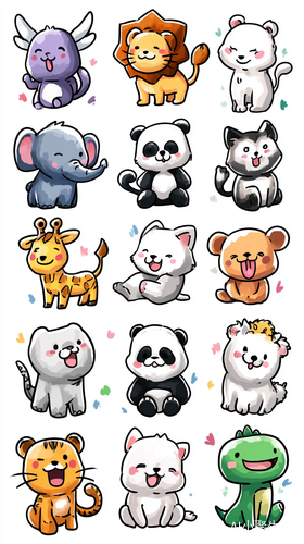 二次元潮流漫画,萤火虫,卡皮巴拉,恐恶,毛绒玩具,布偶猫,白狮子 雪豹 ,大象,加菲猫,熊猫,九宫格,贴纸,高光白底 ,3D卡通动画 ,UHD ,超高分辨率