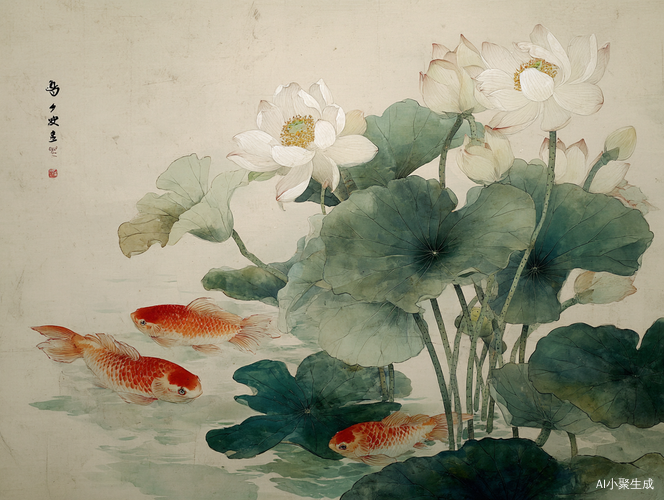 宋徽宗绘画风格,简洁的画面中,池塘里几朵盛开的莲花,荷叶简约而优雅,旁边几只线条简洁的锦鲤在游动,背景是淡淡的米色,简洁雅致风格。大面积留白