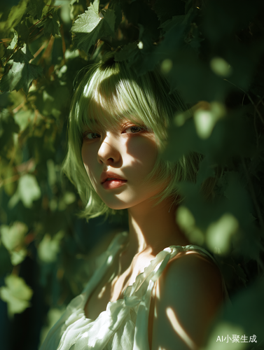 绿色的树荫下站着一个披头发的女孩,主要颜色为淡绿