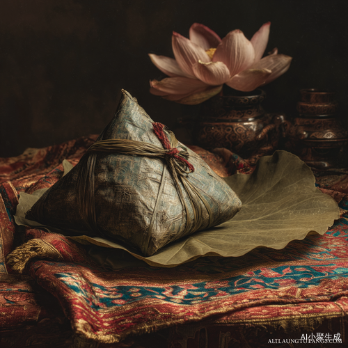 《粽裹乾坤》静物摄影 主体:解开一半的粽子呈现莲花坐姿 布景:五色丝线自然缠绕成曼陀罗图案 光影:伦勃朗光效下的粽叶透光质感