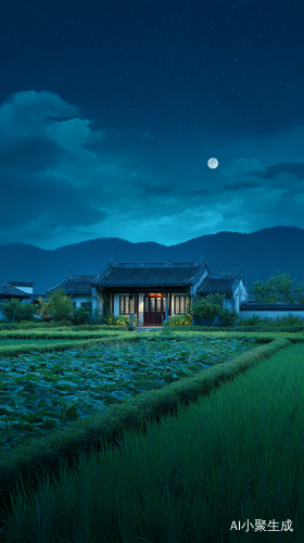 夜晚,一座中式四合院矗立在田野中央,周围是绿色田野,月亮,星星,绿色背景,精致细节,治愈,意境,高清摄影