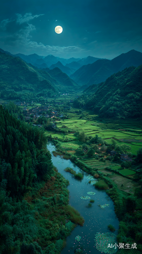 全景。中国农村春天夜景,明亮的月亮,绿色稻田,绿色竹林,高山树林,小溪,池塘莲花,4K超清摄影