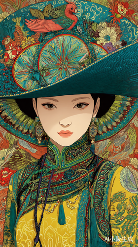 帮忙画一幅彩画,一个中国人美女子,戴大帽子,漂亮裙子,幸福健康!