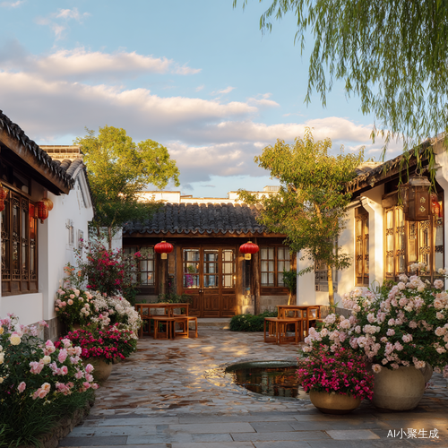 广视角全景呈现一处中式土木小屋庭院。一间正房两侧各有一间厢房,白色墙体干净素雅,陶土灰瓦错落有致,木质门窗古朴典雅。屋外挂着喜庆的红色装饰,屋内暖光透过窗棂洒出。庭院被竹制围栏环绕,木桌木椅摆放整齐,桌上美食诱人。周边繁花似锦,粉色与白色的开花树木亭亭玉立,绿植郁郁葱葱。小池塘碧波荡漾,锦鲤自在游弋。远处,竹林随风摇曳,田野绿意盎然,河流奔腾成小瀑布,山峦连绵起伏。天空中,洁白的云朵悠悠飘荡,与绿色背景相互映衬。暖黄色的土坯小屋带来质朴温馨之感,多彩的花卉、锦鲤为画面增添灵动色彩,整个场景宛如童话世界,治愈又自然。