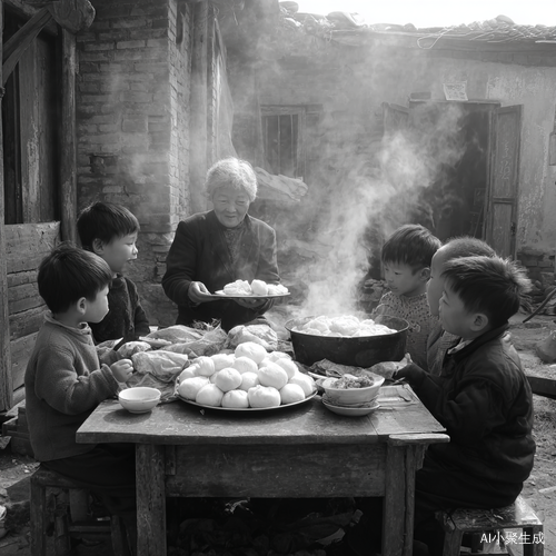 中式木屋小院,院里有奶奶做好的一桌热气腾腾的饭菜,五个孙子孙女围桌而坐,奶奶端着一大盘包包子放到桌子中间,孩子们可高兴了