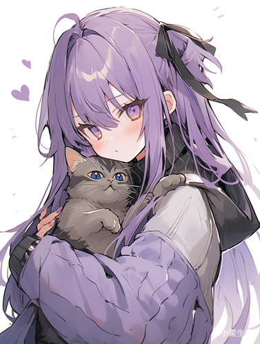 Q萌紫色猫女孩手抱小奶猫的二次元风格