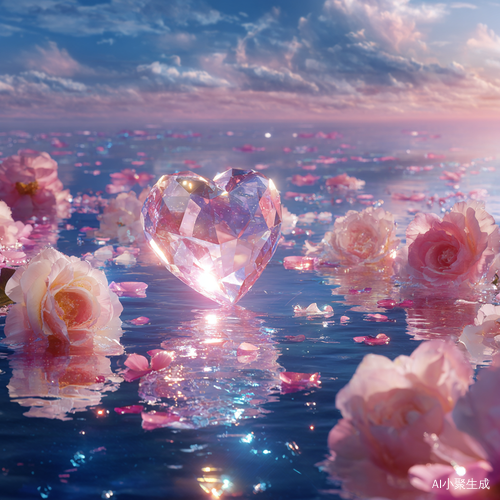 粉红花海中的心形水晶映照浪漫余晖