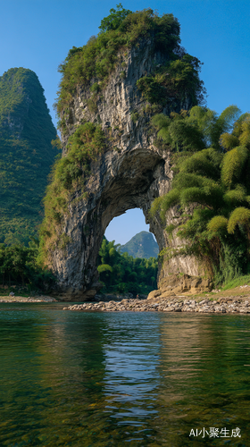 桂林象鼻山，喀斯特地貌形成的独特象鼻造型岩石横跨漓江碧水，江面倒映山体轮廓，岸边青翠植被覆盖山体，晨雾中透出金色霞光，治愈，意境，高清，绿色背景