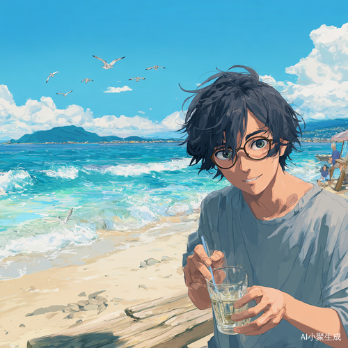 动漫男孩，ccd画质，干净的气质，背景有：沙滩，海，山，