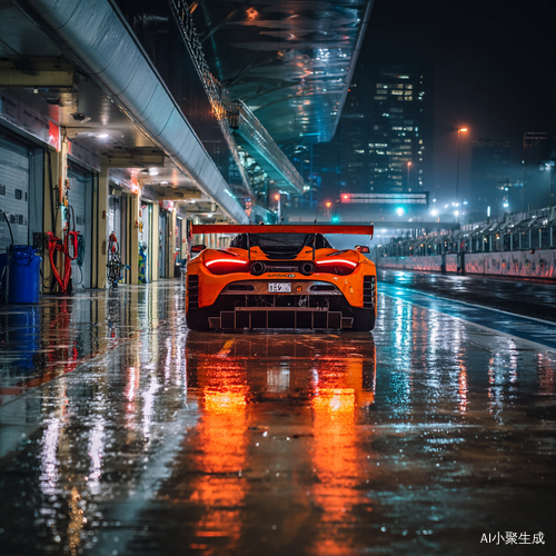 迈凯伦720s gt3 evo赛车，停在维修区，车尾对着屏幕，在晚上，雨天