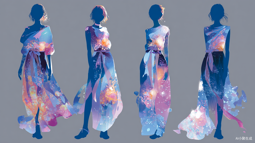 一套系列女装 有四套衣服 包含纱和花的元素能够给人梦幻的感觉 色彩以清新低饱和高明度的亮色为主 纱轻薄 透明 再加一些宇宙星球的元素 可以在服装外面 不要平面 服装廓形可以夸张一点 不要这么局限 纱不是主体 而是作为点缀 不要全身使用 可以作为飘带或在服装上层进行变化