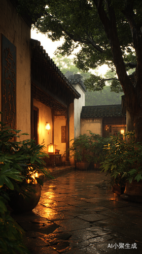江南的傍晚,细雨初歇,如纱的暮霭在天地间轻柔地弥漫开来。古老的老宅静静地伫立着,青瓦白墙在岁月的雕琢下,每一道纹理都藏着往昔的故事。院子里,昏黄的灯光星星点点,似夜空中散落的星辰,在暮霭中闪烁着温暖而微弱的光。潮湿的青石板地面上,灯光的倒影波光粼粼。一棵高大的流苏树繁花似雪,在夜风中轻轻摇曳,细碎的花瓣如雪花般曼妙地飘落。淡雅清幽的流苏花香弥漫在空气中,令人沉醉。此时,泡上一壶清茶,袅袅茶香与花香交织。在这宁静的小院里,与花草相伴,感受着这份闲适惬意的烟火生活,时光仿佛也慢了下来。