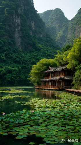 湖畔房屋与荷花栈道映衬群山的治愈景致