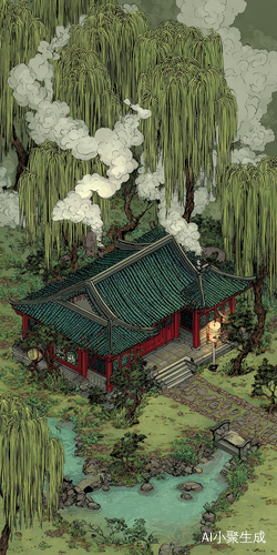 中国传统田园风景炊烟与暴雨交织的柳树景象