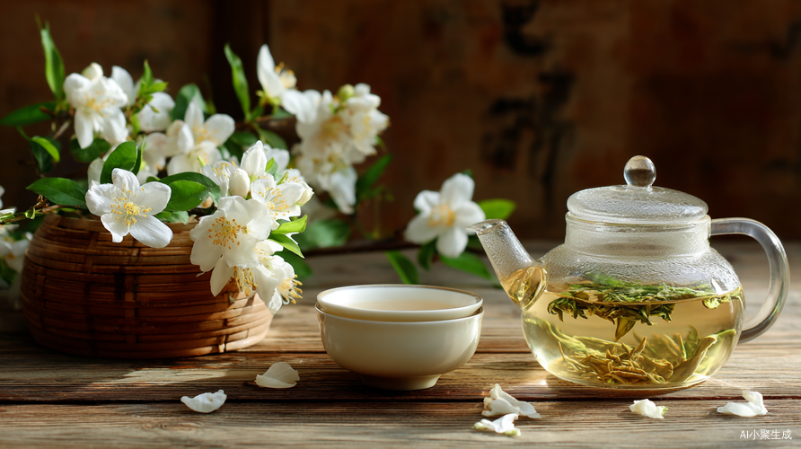 温馨茶桌上的茉莉花茶与水墨画相得益彰