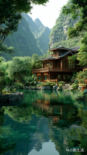 桂林山水,碧绿的湖水,群山,精致木屋,绿色背景,治愈,意境,高清摄影