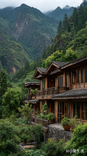 精致的木屋。梯田,烟雾缭绕,群山,绿色背景,治愈,意境,高清摄影