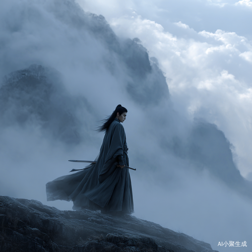 汉服,中国风,少年剑客,黑色长发,站立山巅,火烧云背景,8k,超高清画质