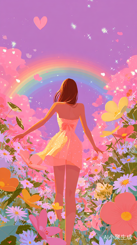 淡淡的彩虹色星⭐️、花🌸、心💖 ),有一个小姐姐美女,真漂亮!幸福🥰,家院子里。