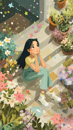 淡淡的彩虹色星⭐️、花🌸、心💖 ),有一个小姐姐美女,真漂亮!幸福🥰,家院子里。