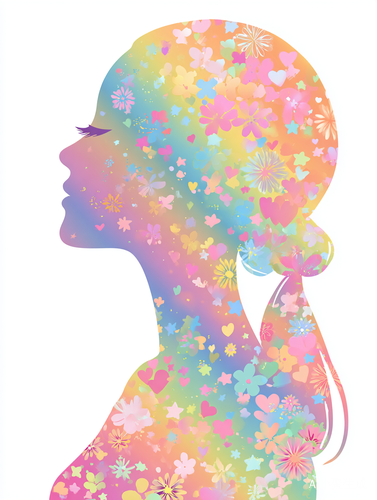 淡淡的彩虹色星⭐️、花🌸、心💖 ),有一个中国人小姐姐美女,真漂亮!幸福🥰,家院子里。