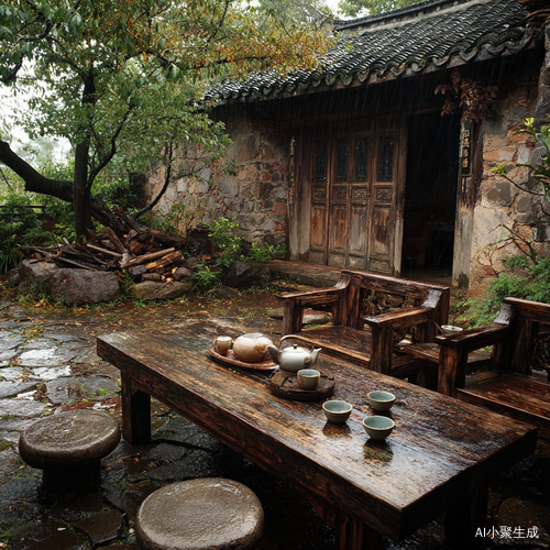 On a rainy day, in a country house by a Chinese lake, there is an apple tree in the yard, next to a pile of wood, and some vegetables nearby. On the outside table were several wooden chairs with tea sets on them. There is a small round stone bench in front of each chair for people to sit or rest. On rainy days, you can see the raindrops falling from above to everything below.