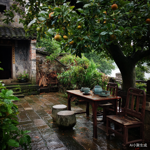 On a rainy day, in a country house by a Chinese lake, there is an apple tree in the yard, next to a pile of wood, and some vegetables nearby. On the outside table were several wooden chairs with tea sets on them. There is a small round stone bench in front of each chair for people to sit or rest. On rainy days, you can see the raindrops falling from above to everything below.