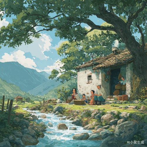 农村的田园是生活背景,是前面有一条小溪,后面还有山院子里坐着,爷爷奶奶和小朋友,他们正在愉快地说笑着一副幸福的模样
