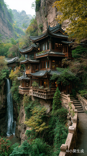 山谷中的精致木屋与四季如春的治愈瀑布