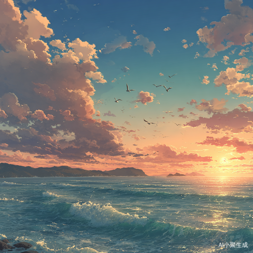 浪漫夕阳下的海面波浪与海鸥的卡通风景