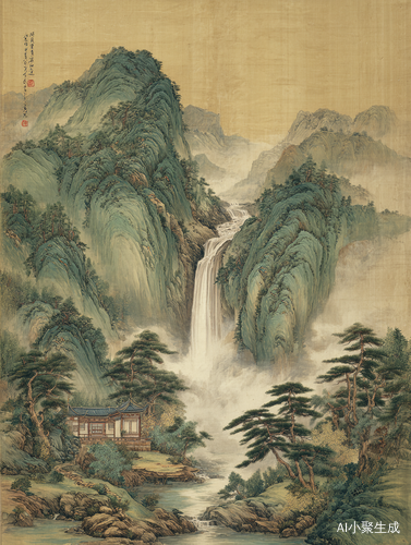 Chinese Style Waterfall Amidst Verdant Mountains and Ancient Architecture