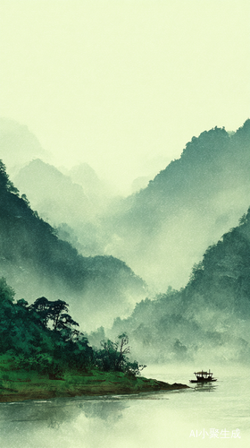宋代古典技法山水画青山小河与朦胧烟雾