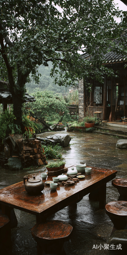 雨天乡村房子与苹果树木头和茶具的静谧景象