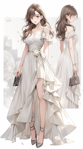 礼服裙,最佳品质,无限细节,最高质量,正面照,现代神女美女柔美,漫画,完美比例脸,脸红,微笑,精致的五官,甜美微笑,精致的眼睛,精致的睫毛美丽的眼睛甜美有卧蚕,精致的锁骨,长发飘飘,顺滑发丝,((礼服:,包裹感,细腻的肌肤,不暴露,动态动作,户外,街道,景深,大景深,完美细节,极端细节,电影CG渲染,电影光,大师作品,丁达尔效应,北条司的肖像画.超高清,真实,苗条,180,站姿,半身照,不漏手,古风
