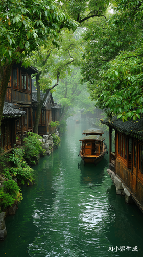 江南,河流,两边精致的木屋,绿树掩映。乌篷船,烟雾缭绕,绿色背景,治愈,意境,精致细节,高清摄影
