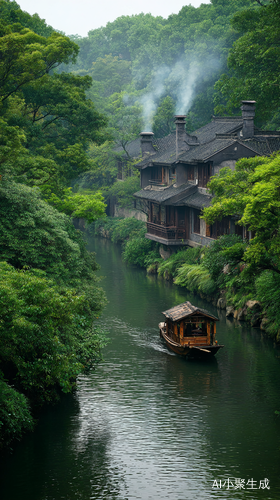 江南,河流,两边精致的木屋,绿树掩映。船,烟雾缭绕,绿色背景,治愈,意境,精致细节,高清摄影