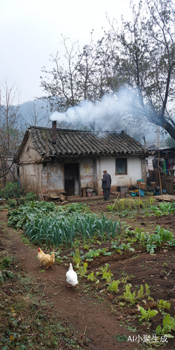 中国田园风格,一座干净利落的土瓦屋,屋上的烟筒里冒着白烟,小屋的左边是一片很规矩的菜园子,小屋的右边长着一棵高大的果树,上面结满了一串串的果子,这个院子里住着两位老人,就是老爷爷和老奶奶,他们每天在菜园里松土,浇菜。还喂了一只小黄狗和一只大白鹅。每天在院子里走来走去,叽叽喳喳的。